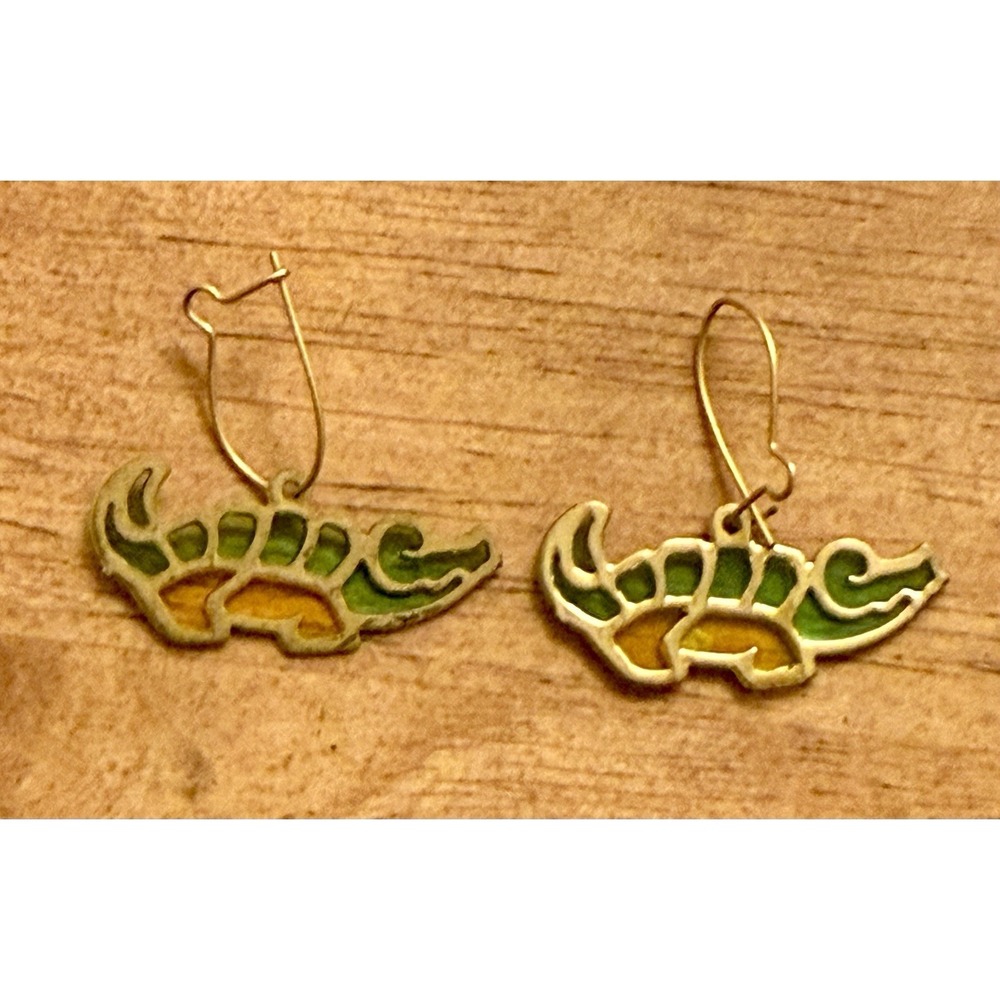 Vintage Stained Glass Alligator Dangle Earrings Green & Gold Rare